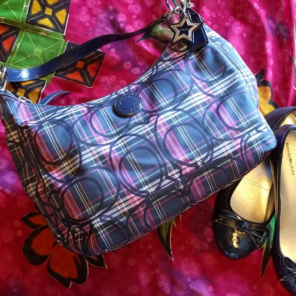 Coach signature striped tartan hobo bag